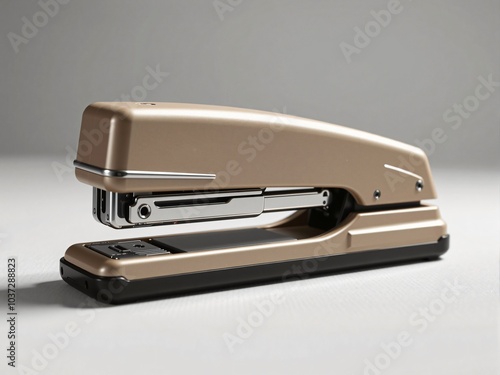 Modern metallic stapler resting on a white surface