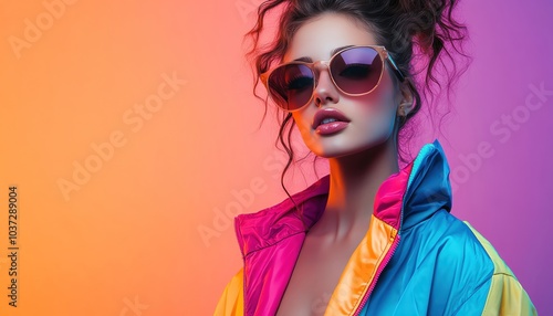 Wallpaper Mural Trendy woman in colorful windbreaker, oversized sunglasses, confident pose with neonlit background Torontodigital.ca