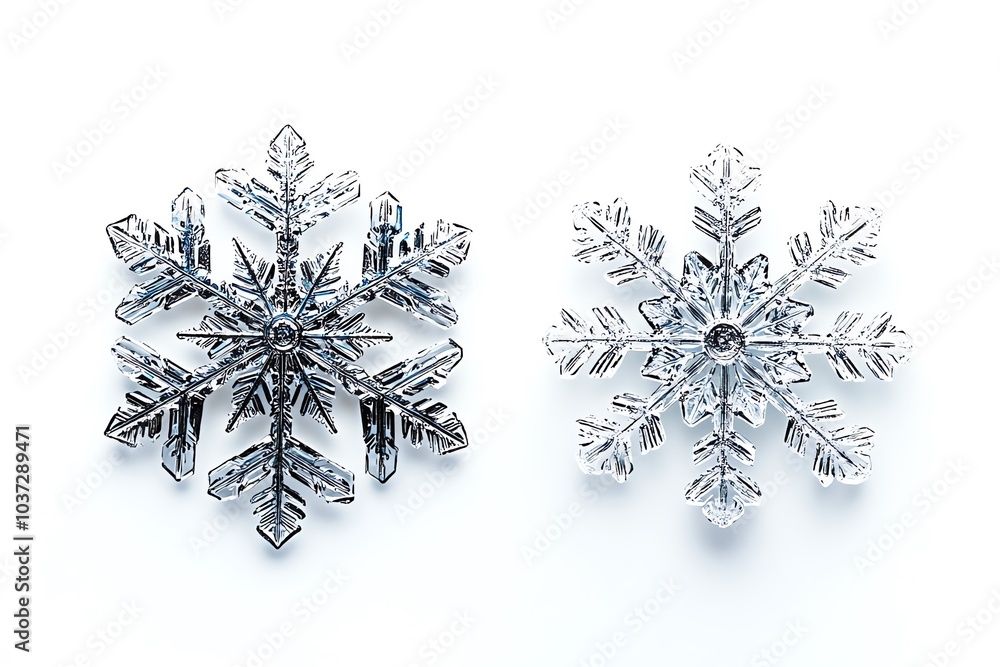 Deux flocons de neige argentés sur fond blanc
Deux flocons de neige argentés sur fond blanc