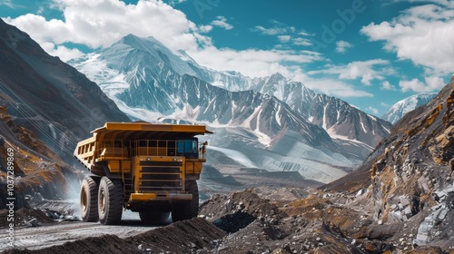 A mining truck transporting ore in a rugged terrain, industrial setting with rocky mountains, Epic style