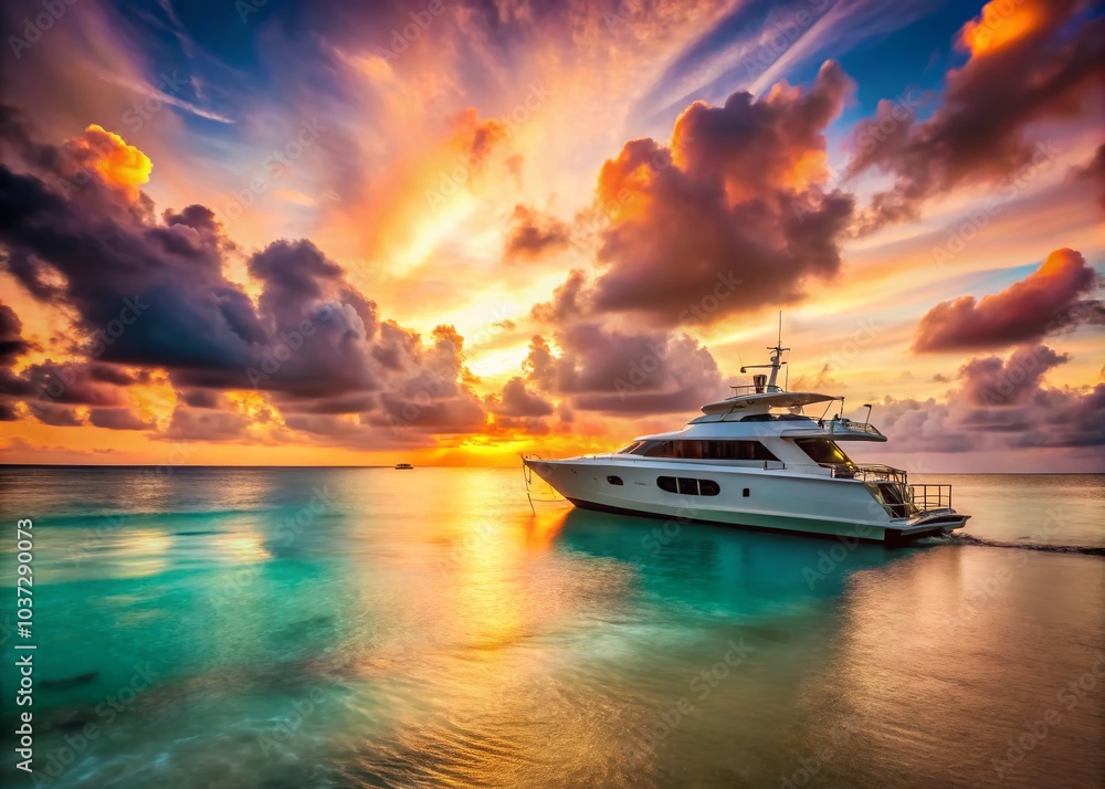 Luxury Yacht Anchored in Isla Mujeres, Mexico - Serene Long Exposure Seascape Luxury Yacht Anchored in Isla Mujeres, Mexico - Serene Long Exposure Seascape