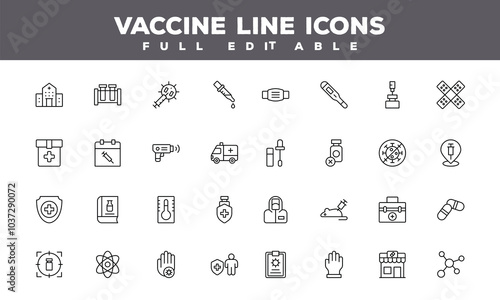 Editable Vaccine Line Icons Set | Healthcare & Medical Outline Symbols