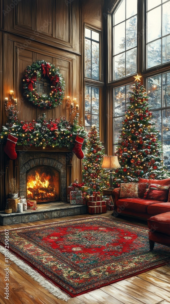 Elegant living space showcasing a fireplace, classic furniture, and holiday decorations in rich red tones Elegant living space showcasing a fireplace, classic furniture, and holiday decorations in rich red tones