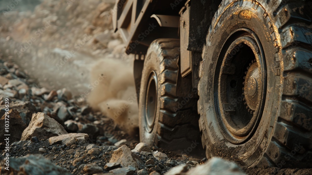 A mining truck's tire on rocky terrain, industrial setting with dust and rocks, Textured style A mining truck's tire on rocky terrain, industrial setting with dust and rocks, Textured style