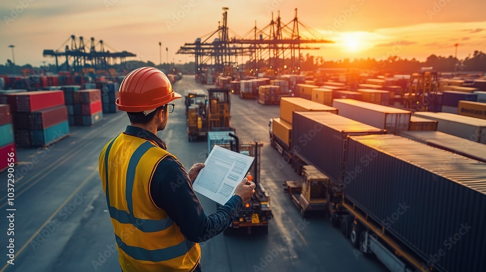 Worker Overseeing Cargo Operations at Sunset Worker Overseeing Cargo Operations at Sunset