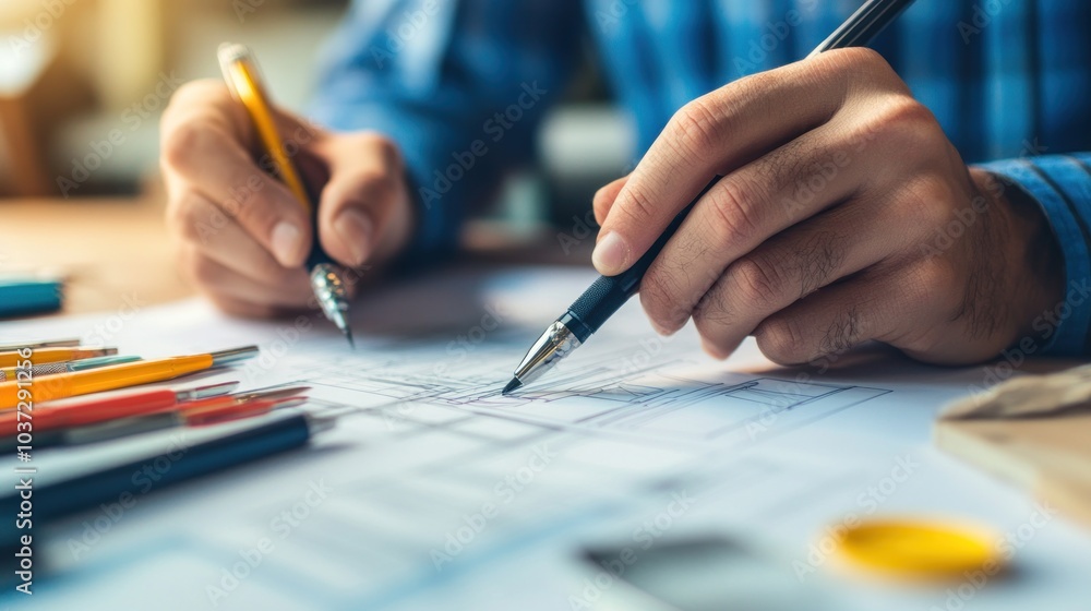 A person sketching designs with pens and pencils on paper, surrounded by colorful stationery. A person sketching designs with pens and pencils on paper, surrounded by colorful stationery.