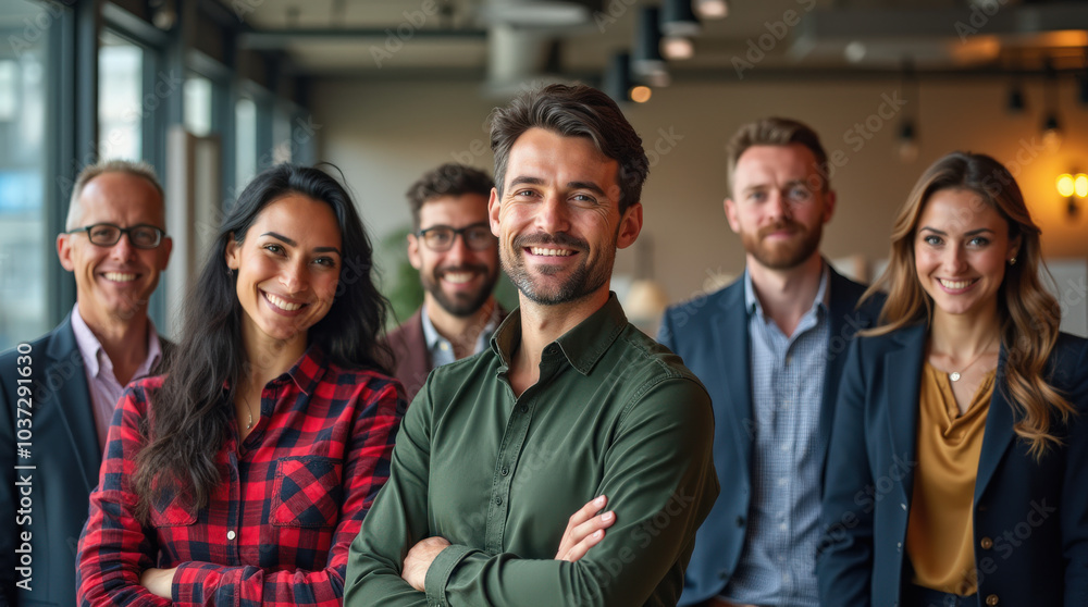 Fototapeta premium Diverse Group of Business Professionals in Modern Office Setting - Teamwork, Collaboration, and Leadership in Corporate Environment