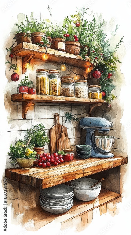 Kitchen adorned for Christmas with festive tree branches, painted in soft watercolor pastels, evoking a warm and cozy holiday spirit Kitchen adorned for Christmas with festive tree branches, painted in soft watercolor pastels, evoking a warm and cozy holiday spirit