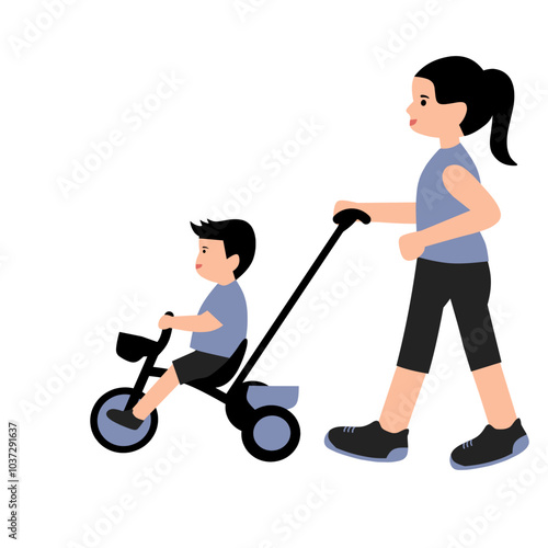 Illustration of child riding trycicle with mother