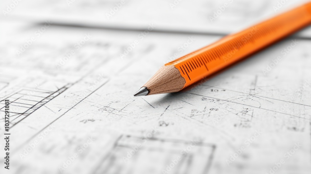 Close-up of an orange pencil resting on architectural blueprints. Close-up of an orange pencil resting on architectural blueprints.