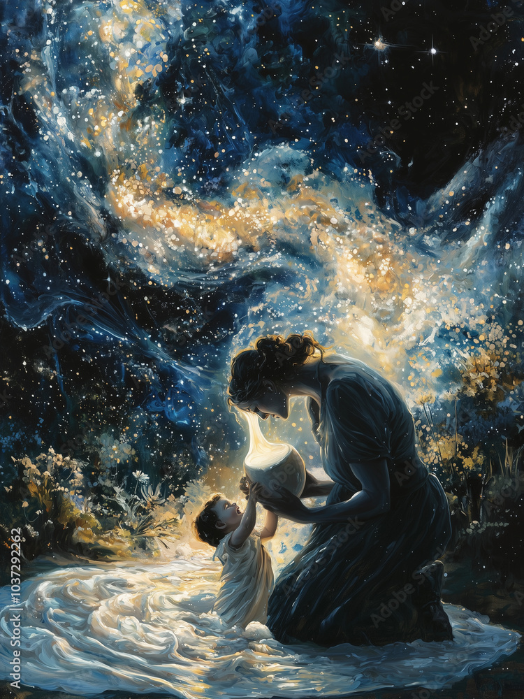 Fototapeta premium The Creation of the Milky Way - mother, child, space, galaxy, love, fantasy, universe, stars, nurturing, cosmic, light, connection, serenity, dreamlike, tenderness