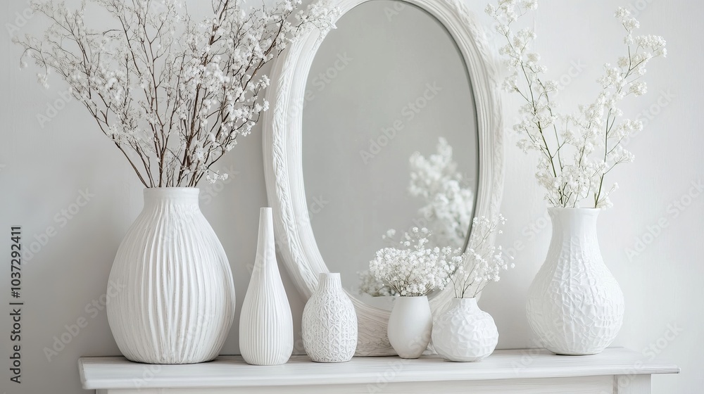Elegant white home decor featuring vases and a mirror Elegant white home decor featuring vases and a mirror