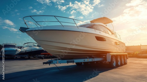 A sleek white motorboat resting on a trailer beneath a vibrant sunset at a bustling marina in early evening