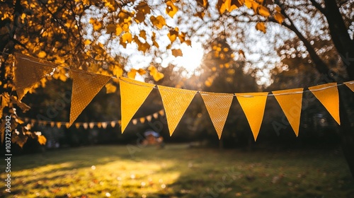 Golden party bunting flags hanging in a park as festive decorations photo