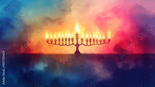 Artistic abstract representation of Hanukkah in watercolor style showcasing a traditional menorah photo