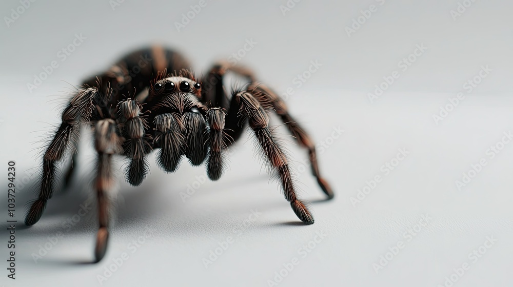 A high-definition shot of a tarantula standing still, its body fully visible against a white backdrop. A high-definition shot of a tarantula standing still, its body fully visible against a white backdrop.