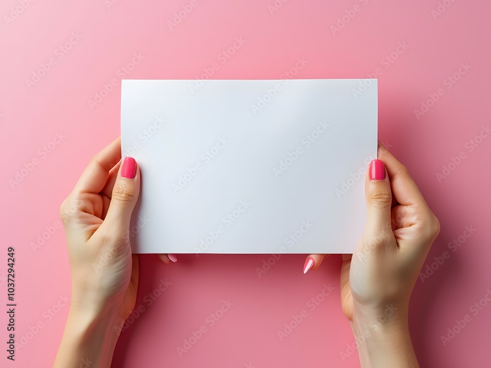 Top view female hands holding white paper mockup on pink background for branding and advertising design. White booklet, blank white flyer mock up Top view female hands holding white paper mockup on pink background for branding and advertising design. White booklet, blank white flyer mock up