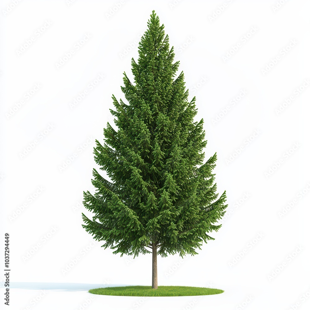 A tall evergreen tree with lush green foliage, isolated on a white background. A tall evergreen tree with lush green foliage, isolated on a white background.