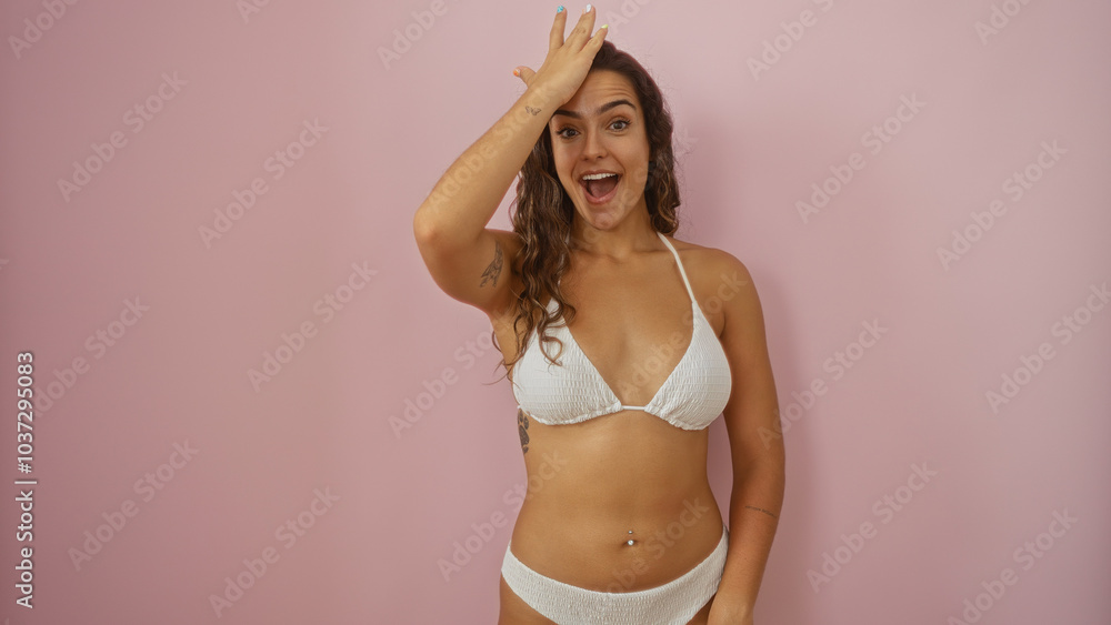 Young woman with a surprised expression wearing a white bikini standing against a pink background Young woman with a surprised expression wearing a white bikini standing against a pink background