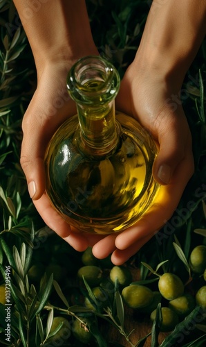 Hands holding a bottle of olive oil and olives. photo