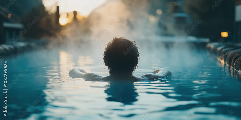 Relaxing in serene hot spring, surrounded by misty mountains and warm water - 温泉 Relaxing in serene hot spring, surrounded by misty mountains and warm water - 温泉
