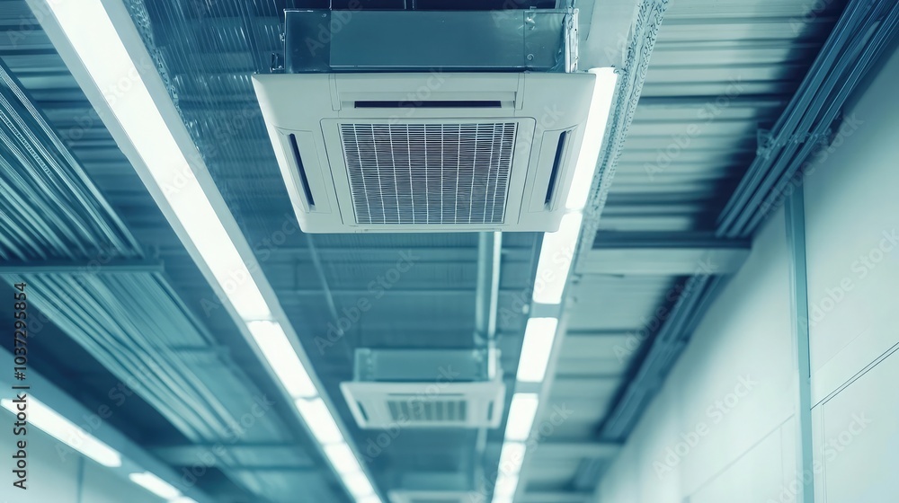 Commercial air conditioner installed on a ceiling, demonstrating modern climate control technology Commercial air conditioner installed on a ceiling, demonstrating modern climate control technology