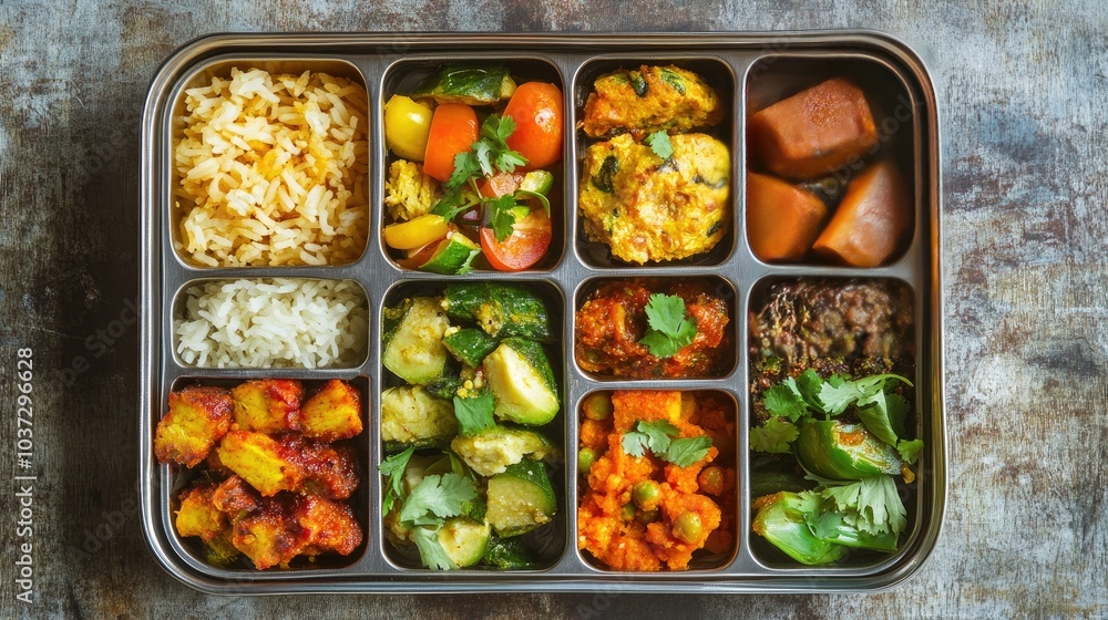 A neatly arranged Indian lunchbox viewed from above, filled with vibrant, aromatic dishes that celebrate the diversity of Indian cuisine. A neatly arranged Indian lunchbox viewed from above, filled with vibrant, aromatic dishes that celebrate the diversity of Indian cuisine.