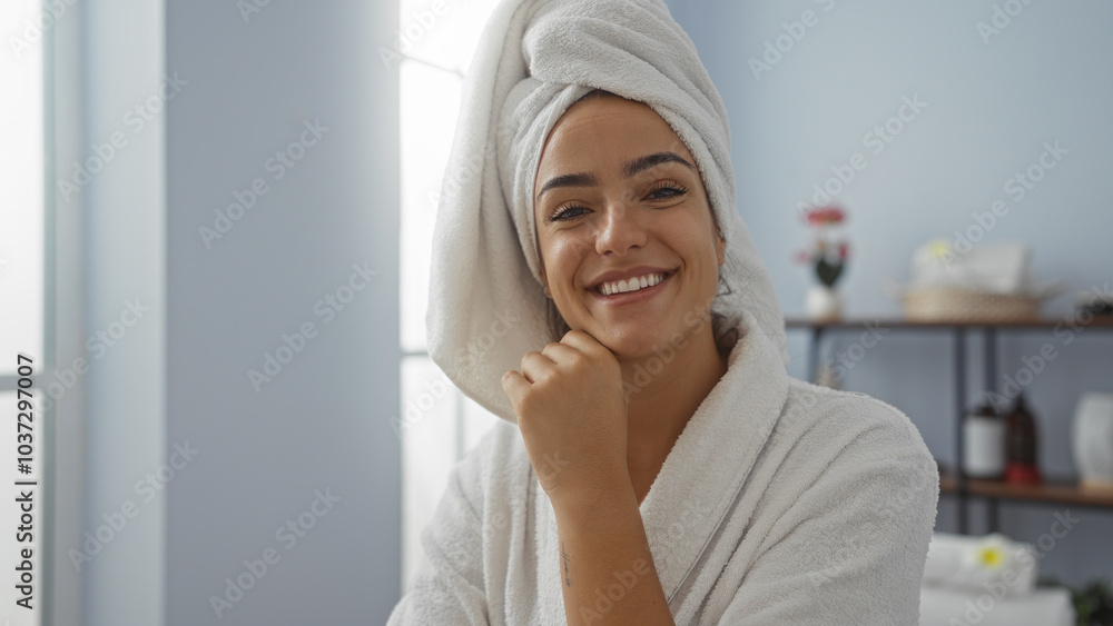 Young woman with brunette hair wearing a white bathrobe and turban smiling at a spa or beauty salon with indoor wellness setting in the background Young woman with brunette hair wearing a white bathrobe and turban smiling at a spa or beauty salon with indoor wellness setting in the background