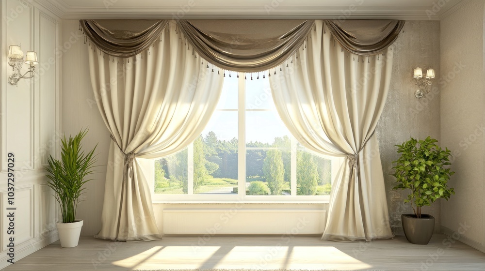 A bright room with elegant curtains, a large window, and indoor plants creating a serene atmosphere. A bright room with elegant curtains, a large window, and indoor plants creating a serene atmosphere.