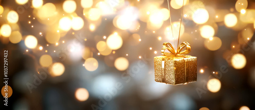 Golden gift box hanging with shimmering bokeh lights in the background. photo