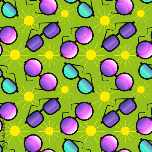 Colorful sunglasses seamless pattern on bright background. Flat cartoon style vector illustration.	