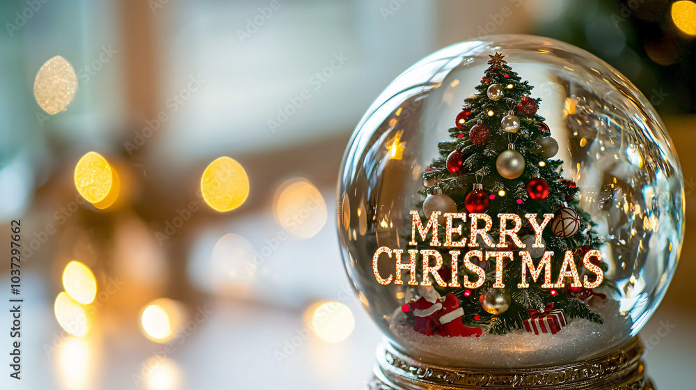 beautiful snow globe featuring decorated Christmas tree and words Merry Christmas creates festive atmosphere. warm bokeh lights enhance holiday spirit beautiful snow globe featuring decorated Christmas tree and words Merry Christmas creates festive atmosphere. warm bokeh lights enhance holiday spirit