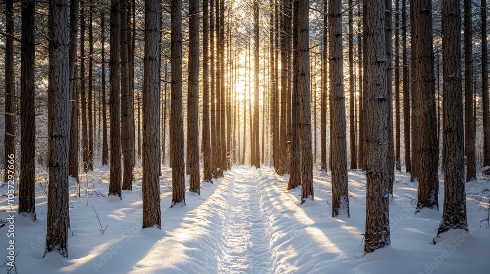 Sunlight Through Trees in a Winter Forest Sunlight Through Trees in a Winter Forest