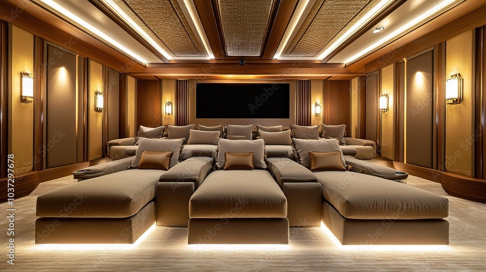 Cozy Home Theater with Elegant Seating Arrangement Cozy Home Theater with Elegant Seating Arrangement