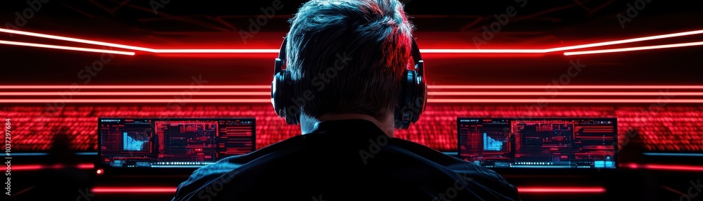 Digital hacker working in a high-tech environment with glowing screens and headphones. Digital hacker working in a high-tech environment with glowing screens and headphones.