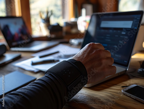 A person wearing a brace using a laptop while gently massaging their wrist in a cozy workspace during the afternoon photo