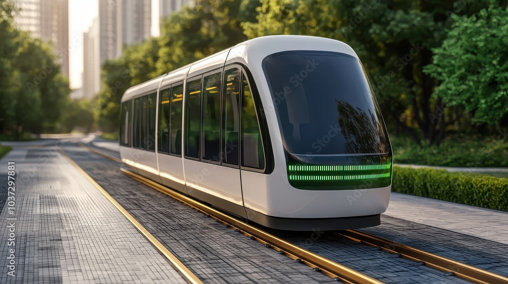 Naklejka premium A modern tram is parked on scenic tracks surrounded by greenery and urban architecture, showcasing a blend of nature and technology.