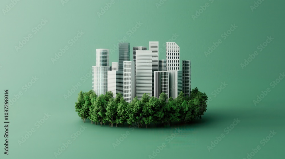A futuristic cityscape rises amidst lush greenery on a soft green background, symbolizing eco-friendly urban development. A futuristic cityscape rises amidst lush greenery on a soft green background, symbolizing eco-friendly urban development.