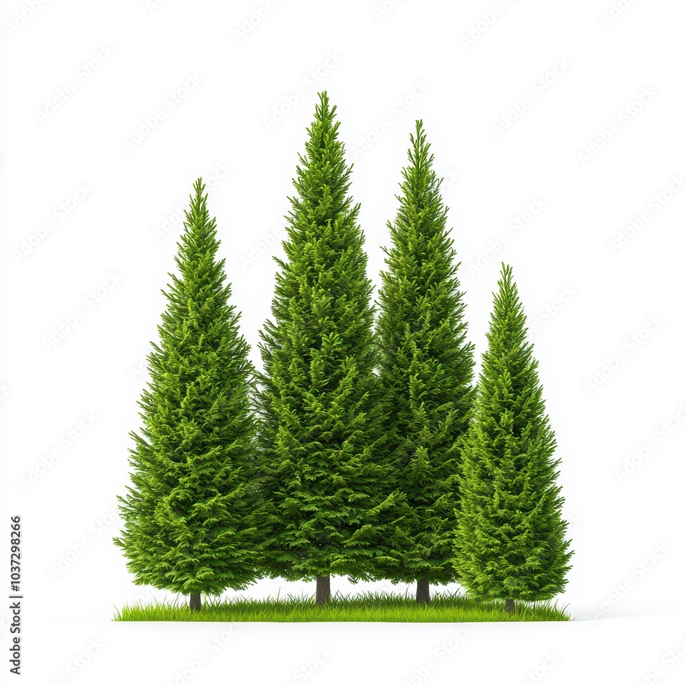 Obraz premium Four lush evergreen trees gathered together, vibrant green foliage, white isolated background.