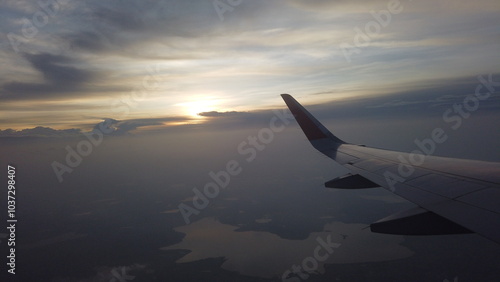 Flight Wing Sky View Window Set Point of View from flight. photo