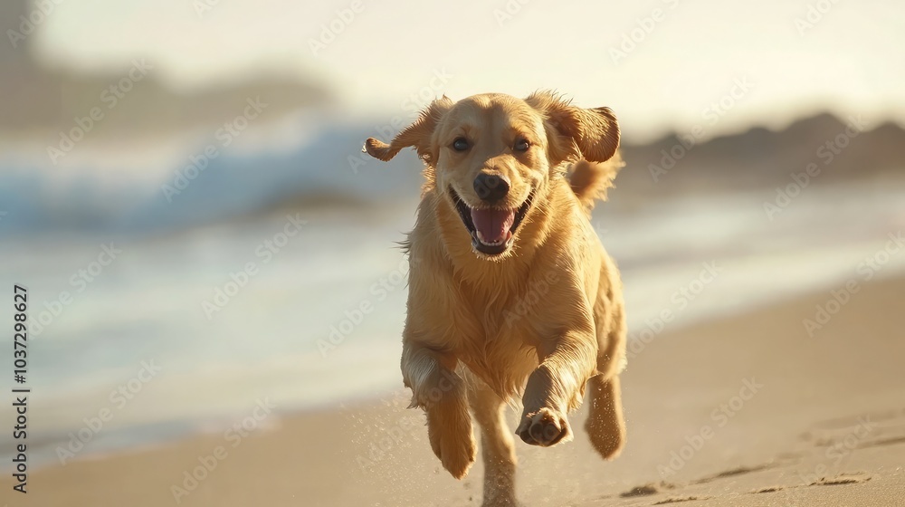 Dog joyfully running along the beach, symbolizing summer fun. Dog joyfully running along the beach, symbolizing summer fun.