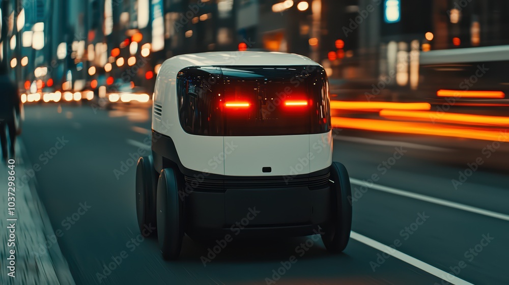 Futuristic autonomous delivery vehicle driving through a busy city at night with glowing lights. Futuristic autonomous delivery vehicle driving through a busy city at night with glowing lights.