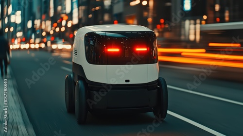 Futuristic autonomous delivery vehicle driving through a busy city at night with glowing lights.