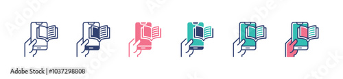 hand hold mobile book icon set electronic book online media learning vector digital study education signs illustration for web and app