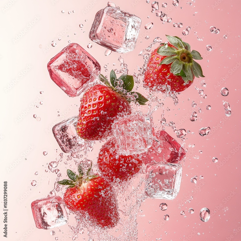 Fresh Strawberries and Ice Cubes in a Splashing Scene Fresh Strawberries and Ice Cubes in a Splashing Scene
