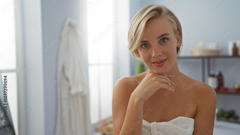 Beautiful blonde woman relaxing in a spa room with soft indoor light, wrapped in a towel, enjoying a calm wellness experience. Beautiful blonde woman relaxing in a spa room with soft indoor light, wrapped in a towel, enjoying a calm wellness experience.