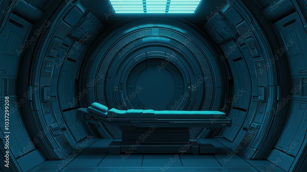 Fototapeta premium Futuristic medical bay with a sleek examination bed in a sci-fi environment, illuminated by blue light.