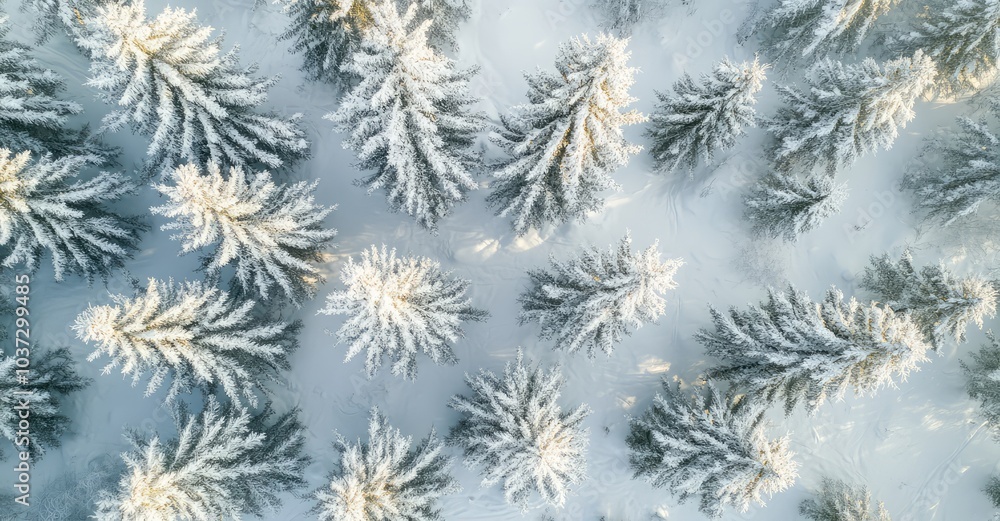Drone Photo of Snow-Covered Evergreen Trees After Winter Blizzard. AI generated illustration. Drone Photo of Snow-Covered Evergreen Trees After Winter Blizzard. AI generated illustration.