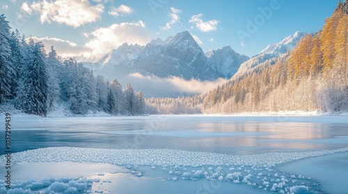 A frozen lake landscape with ice crystals shimmering in the sunlight, surrounded by snow-covered forests and mountains. photo