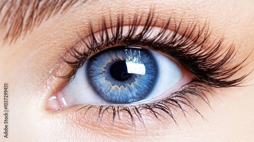 Close-up of a beautiful blue eye with long lashes, showcasing health and beauty concepts